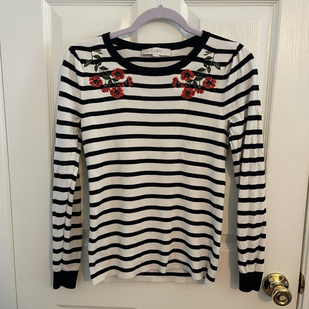 LOFT Black White Striped Floral Embroidery Knit Sweatshirt Top Size XS